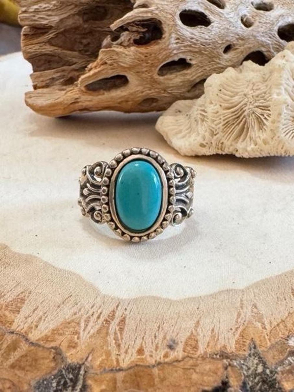 Vintage 925 Sterling Silver Avon Turquoise Scroll Sterling Silver Ring Size 7.5